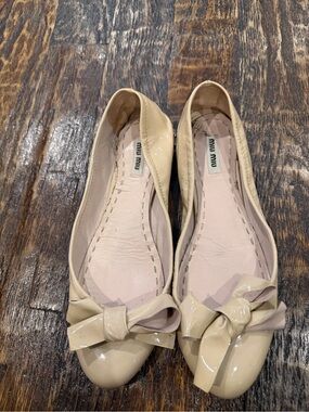 Miu Miu Nude Patent Leather Knot Bow Flats with Diamond jewel heel trim